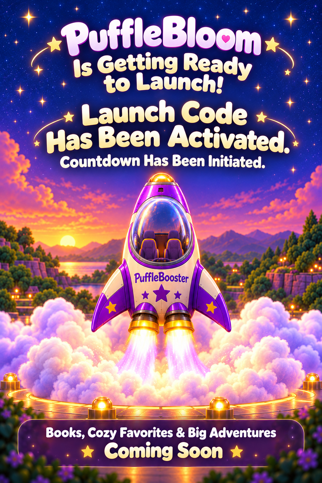 PuffleBloom is getting ready to launch. Launch code has been activated. Countdown has been initiated. Books, cozy favorites and big adventures coming soon. The purple PuffleBooster stands upright with glowing engines and billowing smoke.