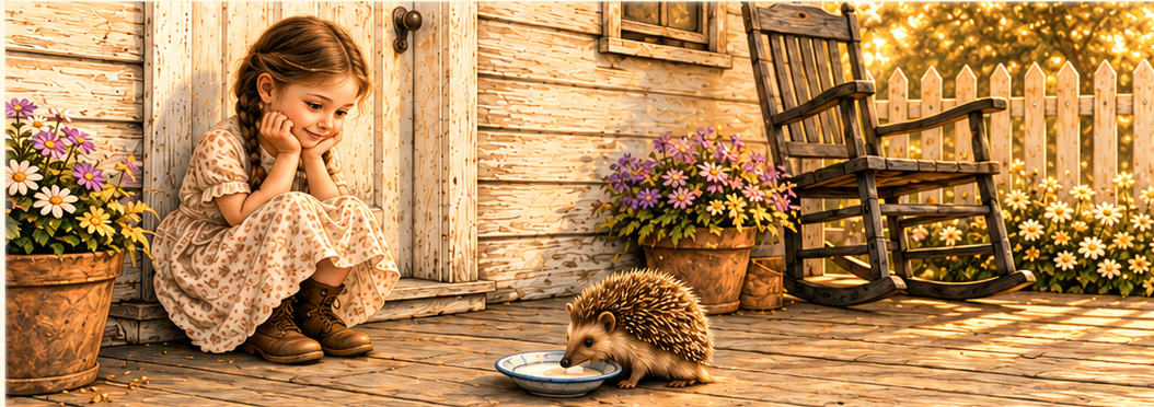 A young Swedish girl meeting a hedgehog