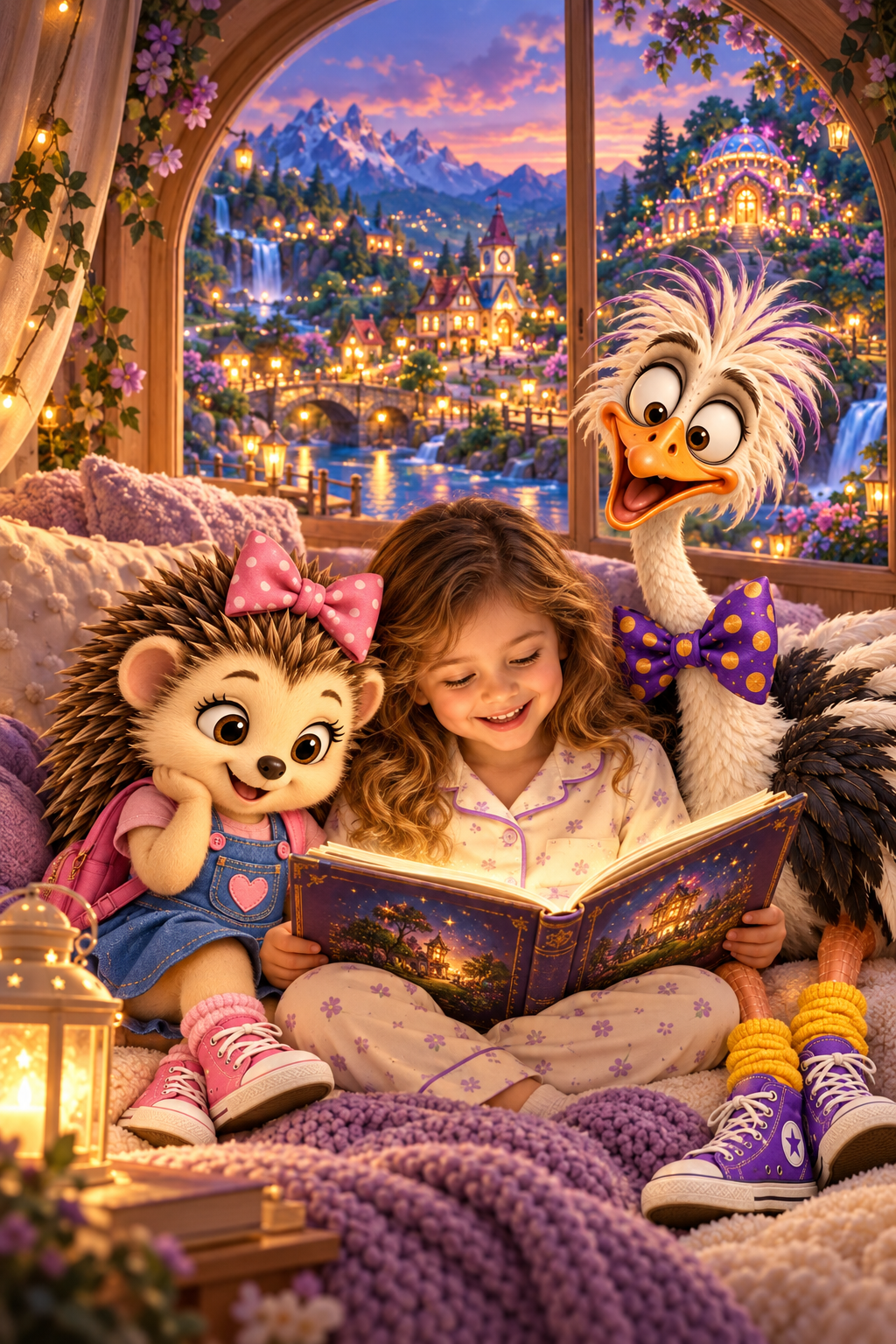 A child sharing a glowing bedtime story with Pixie and Carl beside PuffleBloom Village